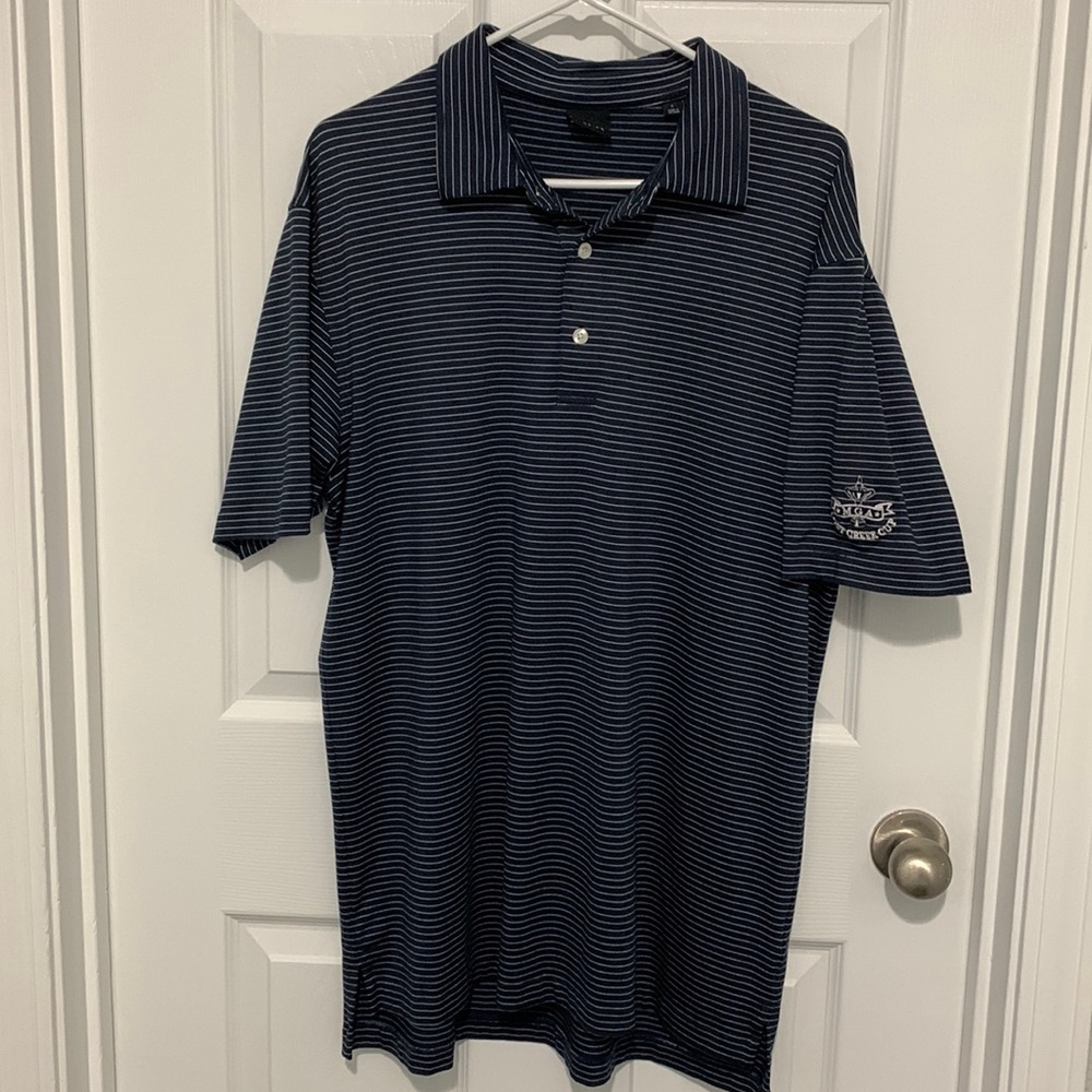 Mens large Dunning golf polo navy and white stripe